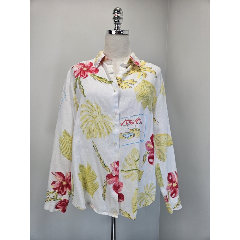 John Paul Richard Womens Pure Linen Shirt Petite Medium Tropical Floral Print